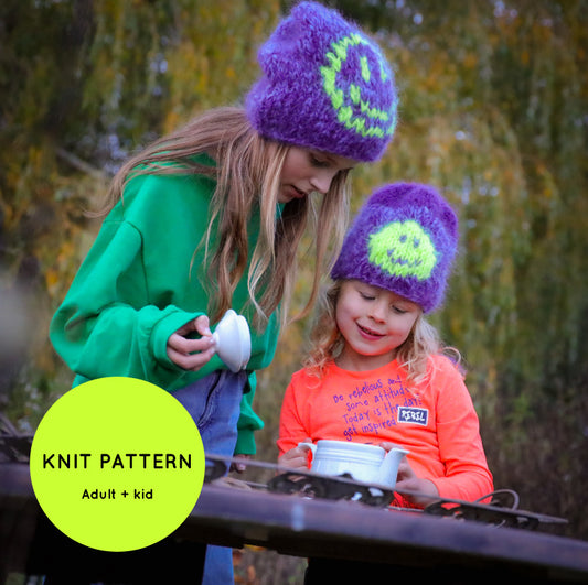 Breipatroon – Chunky mohair Smiley beanies volwassene + kind (ENG-NL)