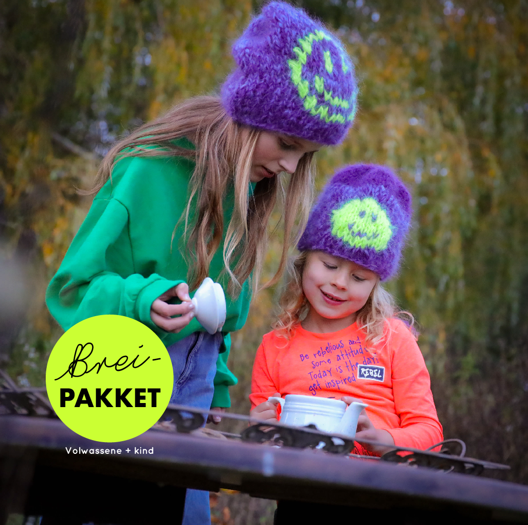 Breipakket – Chunky mohair Smiley beanies volwassene + kind (ENG-NL)